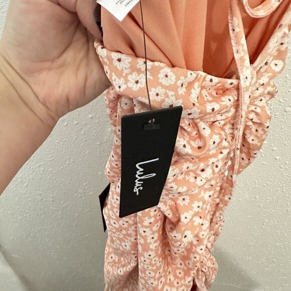 Lulus Wildflower Power Coral Floral Tie-Back Ruched Bodycon Dress Womens M NWT - Picture 10 of 11